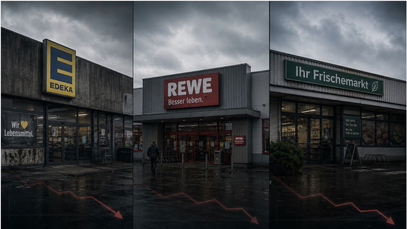 EDEKA, REWE und Frischemarkt bei trübem Wetter – sinkende Frequenz im Lebensmitteleinzelhandel